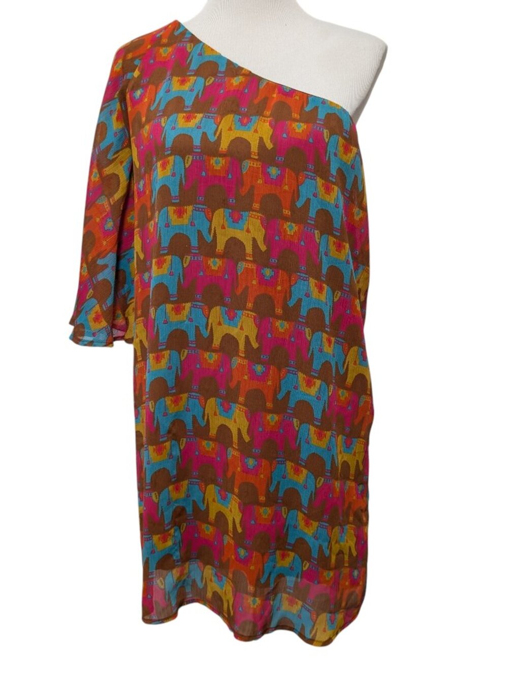 Judith March Womens Sz L? Brown Colorful Elephants One Shoulder Tunic Mini Dress